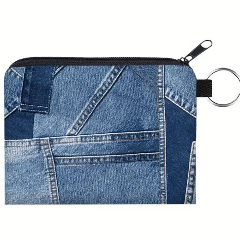 Denim Jeans Style Print Coin Purse Wallet – Mini Zipper Pouch with Key Ring